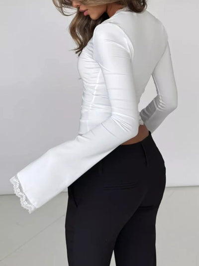 Lace Trim Top - Square Neck Long Sleeve Fitted - Fashions Envy
