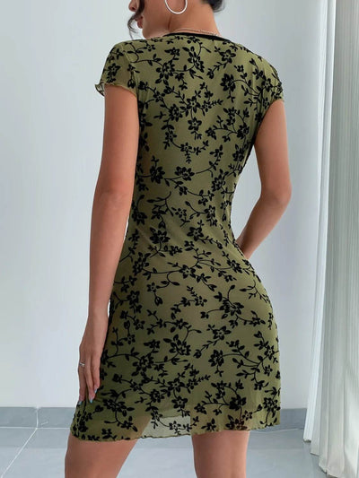 Printed V-Neck Short Sleeve Mini Dress - Cute Bow Detail Summer Dress - Fashions Envy