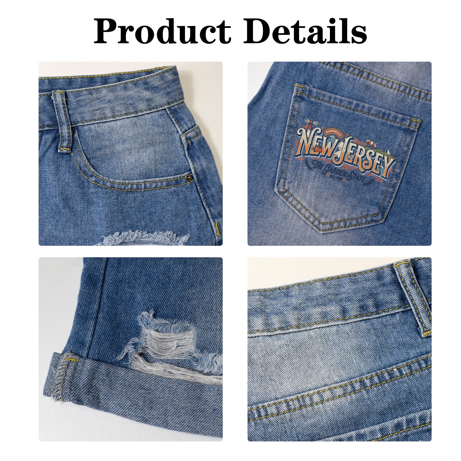 Light Wash New Jersey Garden State Denim Shorts - Pocket Print