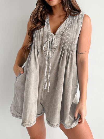 V-neck Pleated Tied Romper with Pockets