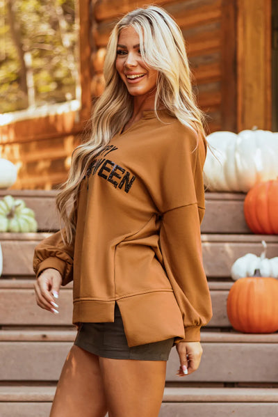 Sequin Letter Graphic Notched Long Sleeve Sweatshirt - Fashions Envy