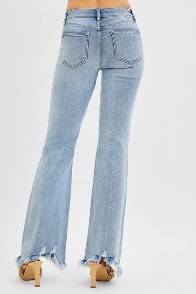 RISEN Full Size Tummy Control Mid Rise Flare Jeans with Fray Hem Detailed Plus Size - Fashions Envy