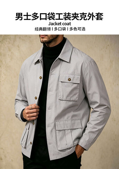 Cross-border Foreign Trade Wholesale Autumn New Men's Jacket Large Size Lapel Multi-pocket Trend All-match Work Coat Men