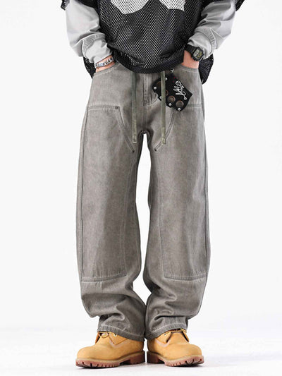 Gray Vintage Wash Wide Leg Jeans Men - Drawstring Baggy Fit