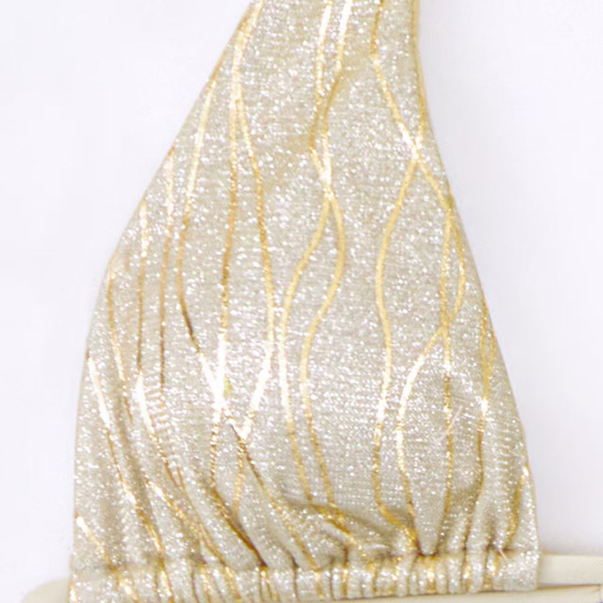 Gold metallic triangle halter bikini top with gathered neckline and tie closure