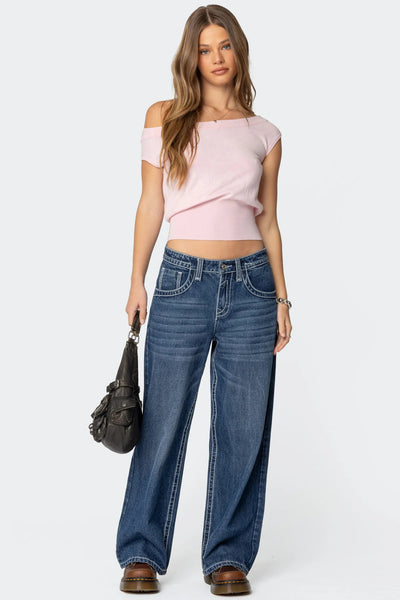 Asymmetric Shoulder Crop Top - Draped Front and Fitted Waist