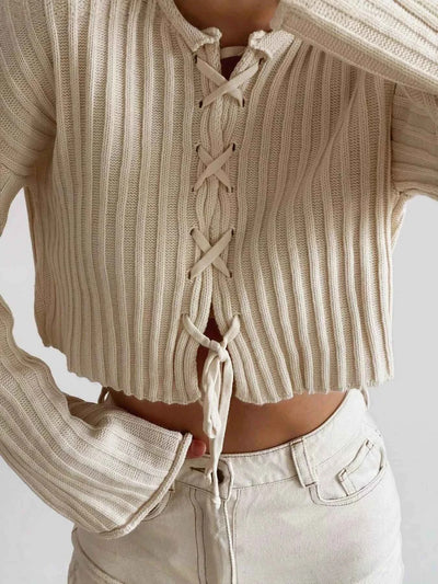 Ribbed Lace-Up Crop Sweater