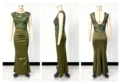 Olive green mermaid gown with floral mesh bodice and deep V-back