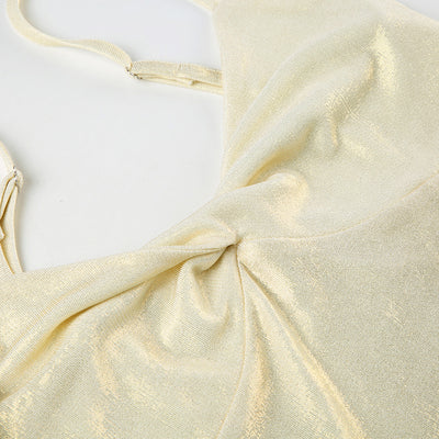 Beige twist-front cami top close-up: knot detail at bust with thin strap