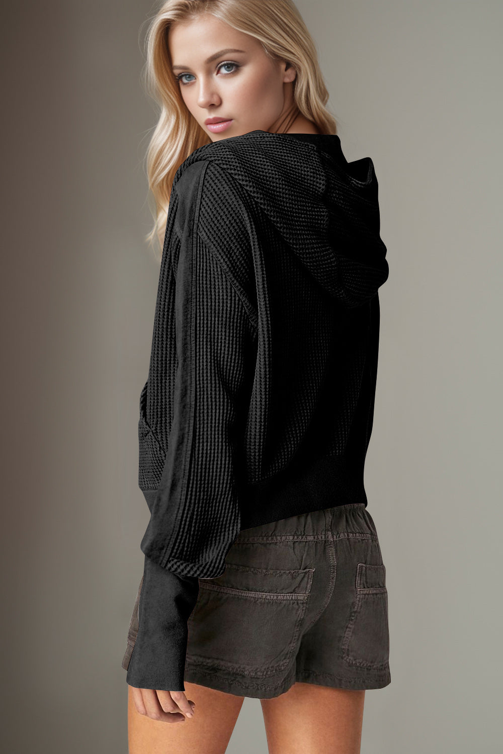 Double Take Waffle-Knit Zip Up Long Sleeve Hooded Jacket - Fashions Envy