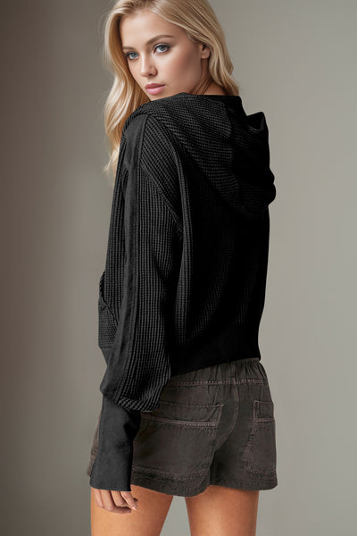 Double Take Waffle-Knit Zip Up Long Sleeve Hooded Jacket - Fashions Envy