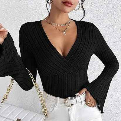 Ribbed V-Neck Top - Flared Sleeve Elegant Fit - Fashions Envy