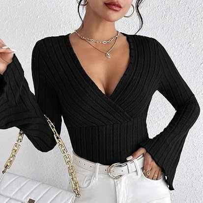 Ribbed V-Neck Top - Flared Sleeve Elegant Fit - Fashions Envy