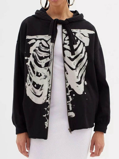 Skeleton Zip Up Drawstring Hoodie - Halloween Sweatshirt - Fashions Envy