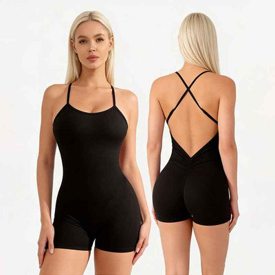 Black Backless, Thin Shoulder Strap One-piece Fitness Suit, Slimming And Abdominal Reduction, Elastic Dance, Running, And Versatile Home One-piece Shorts