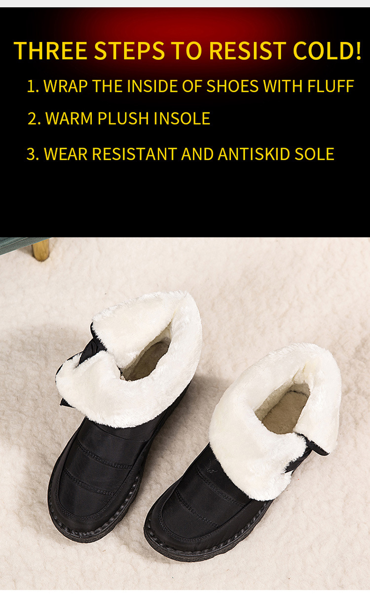 Pair of black winter ankle boots with fluffy inner lining, top view.