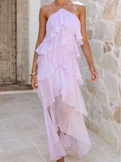 Tiered Ruffle Halter Midi Dress - Layered Flowy Style