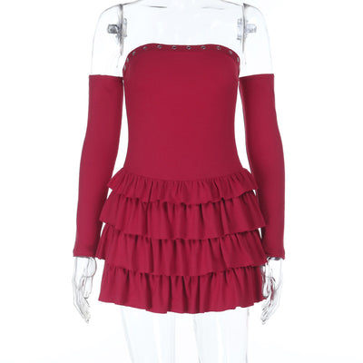 Bustier Dress - One-Shoulder Long Sleeve Slim Fit