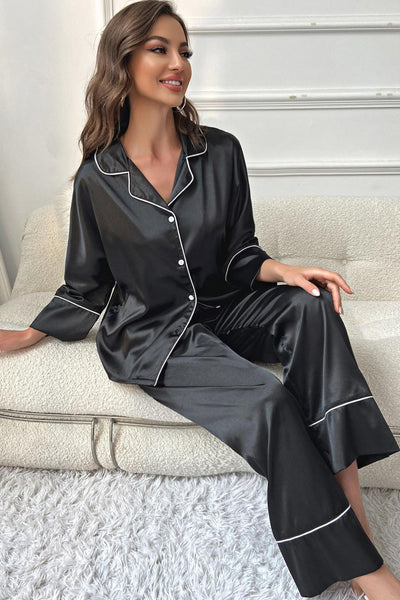 Contrast Piping Button-Up Top and Pants Pajama Set - Fashions Envy