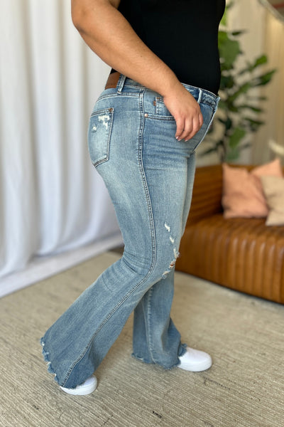 Judy Blue Full Size Medium Rise Tummy Control Destroy Flare - Fashions Envy