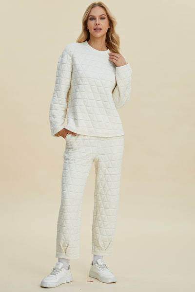 Double Take Full Size Texture Round Neck Long Sleeve Top and Pants Set - Fashions Envy