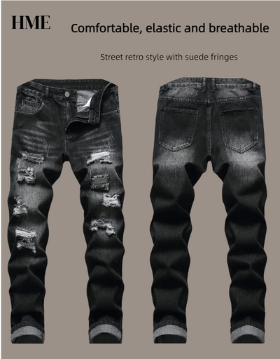 Shanxi Destroyed Vintage Black Denim Pants – Stretchy Ripped Streetwear