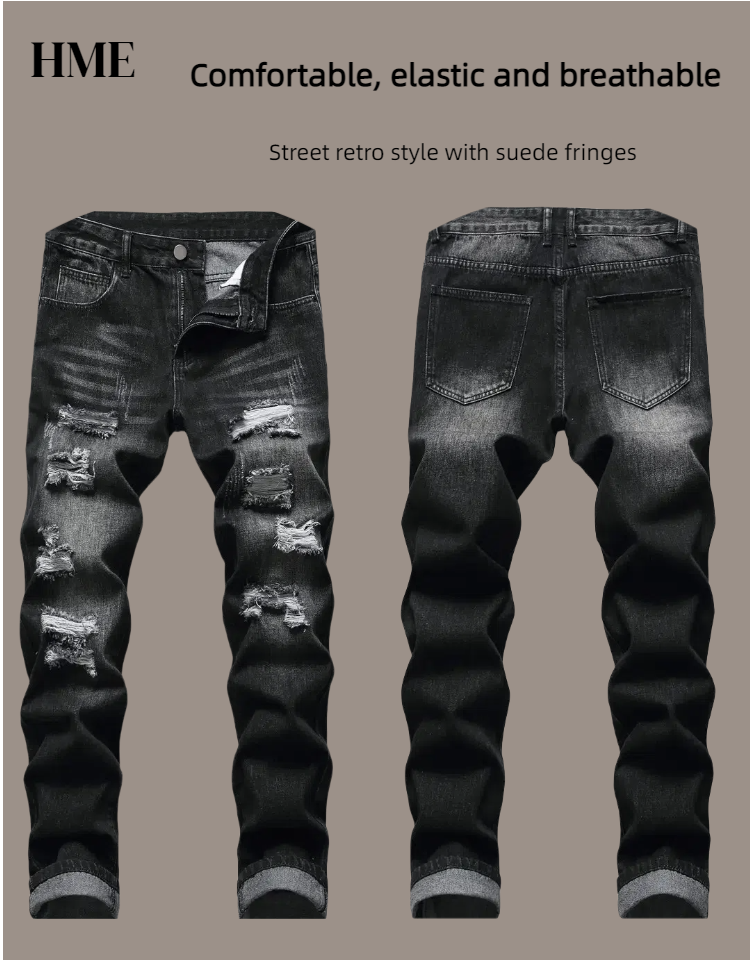 Shanxi Destroyed Vintage Black Denim Pants – Stretchy Ripped Streetwear