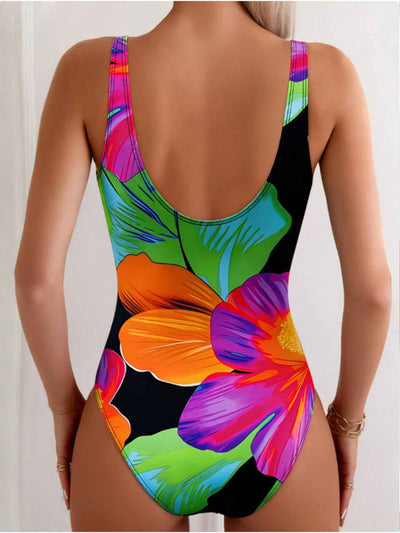 2026 New Large Watercolor Floral Print One-Piece Swimsuit, Scoop Neck Tummy Control Bathing Suit