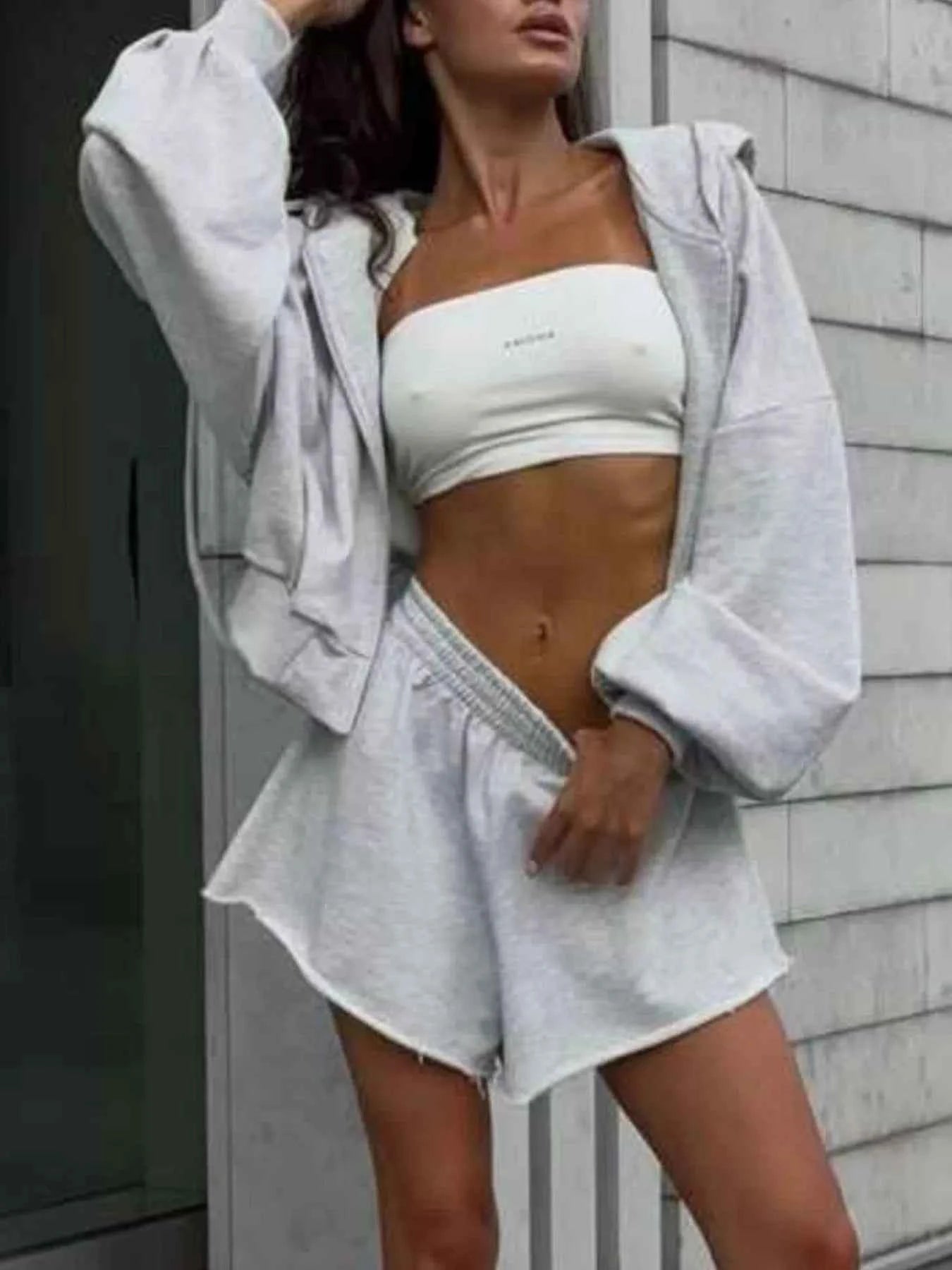 Zip Up Long Sleeve Outerwear and Shorts Set