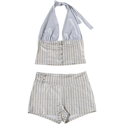 Gray striped halter crop top with front buttons and high-waist shorts set, front view