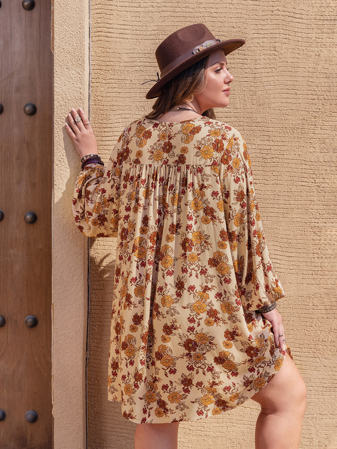 Tan Plus Size Printed V-Neck Balloon Sleeve Mini Dress