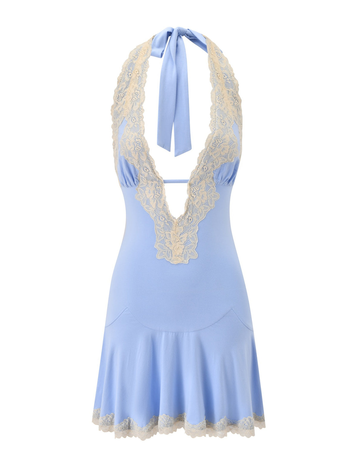 Sky blue lace-trim halter mini dress with open back bow and flared hem