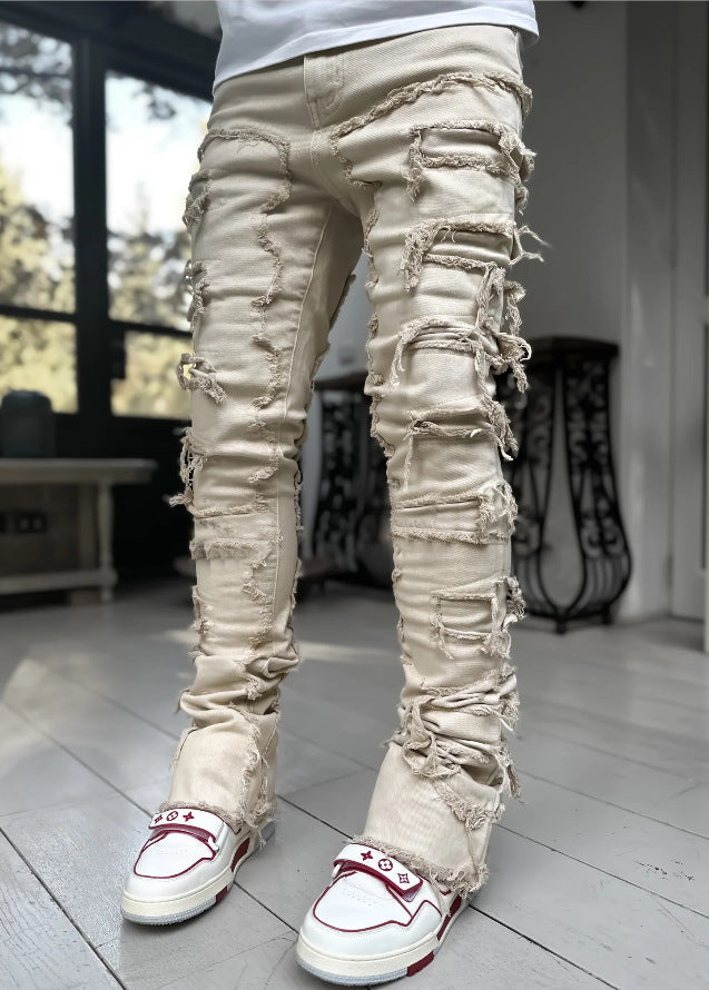 Men's Individual Patched Pants Long Tight Fit Stacked Jeans