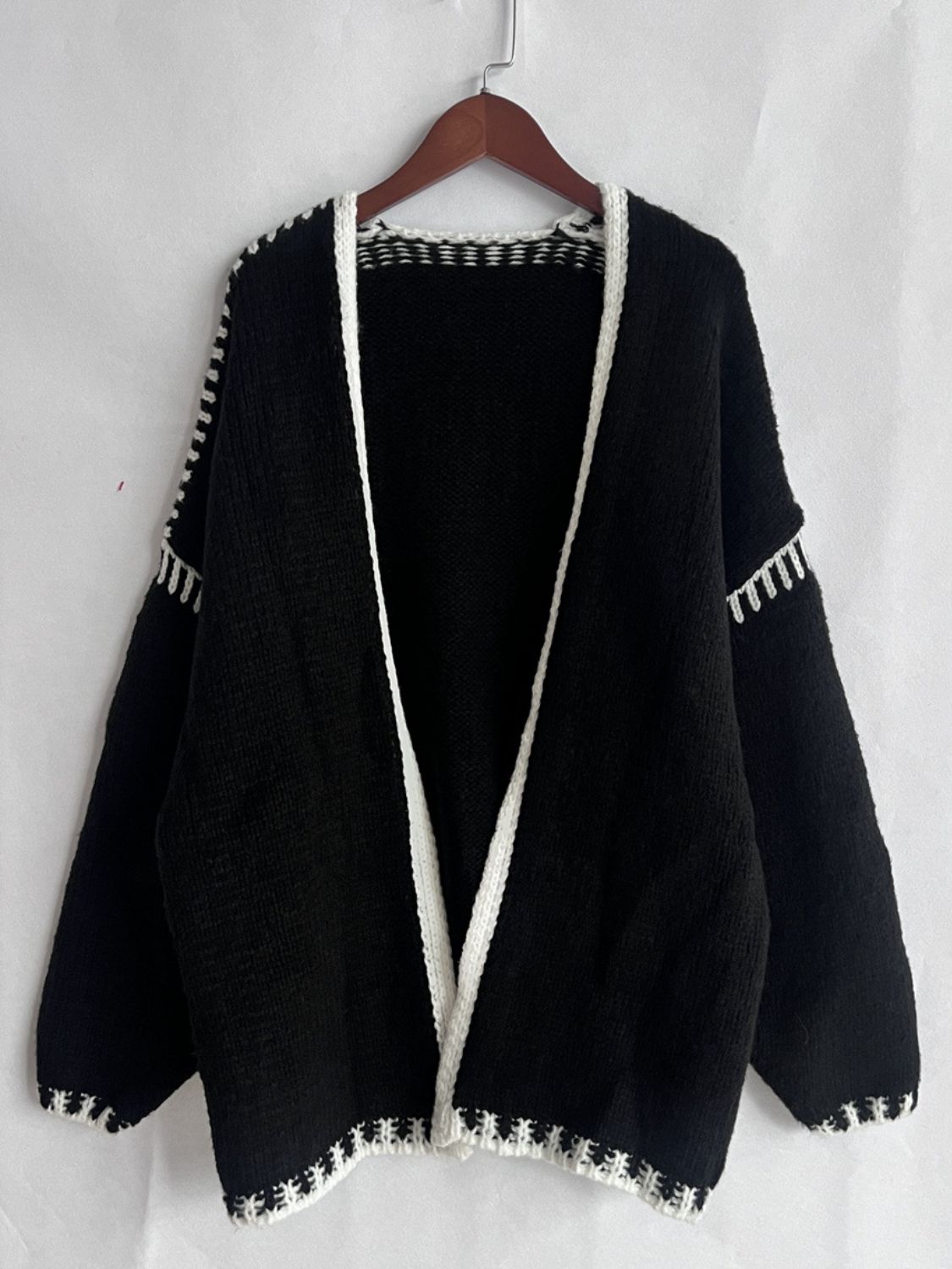 Double Take Contrast Open Front Dropped Shoulder Cardigan - Fashions Envy