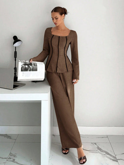 Brown wide-leg pants set with shaped square-neck top and flared sleeves