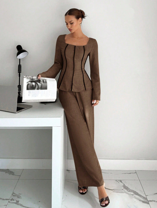 Brown wide-leg pants set with shaped square-neck top and flared sleeves