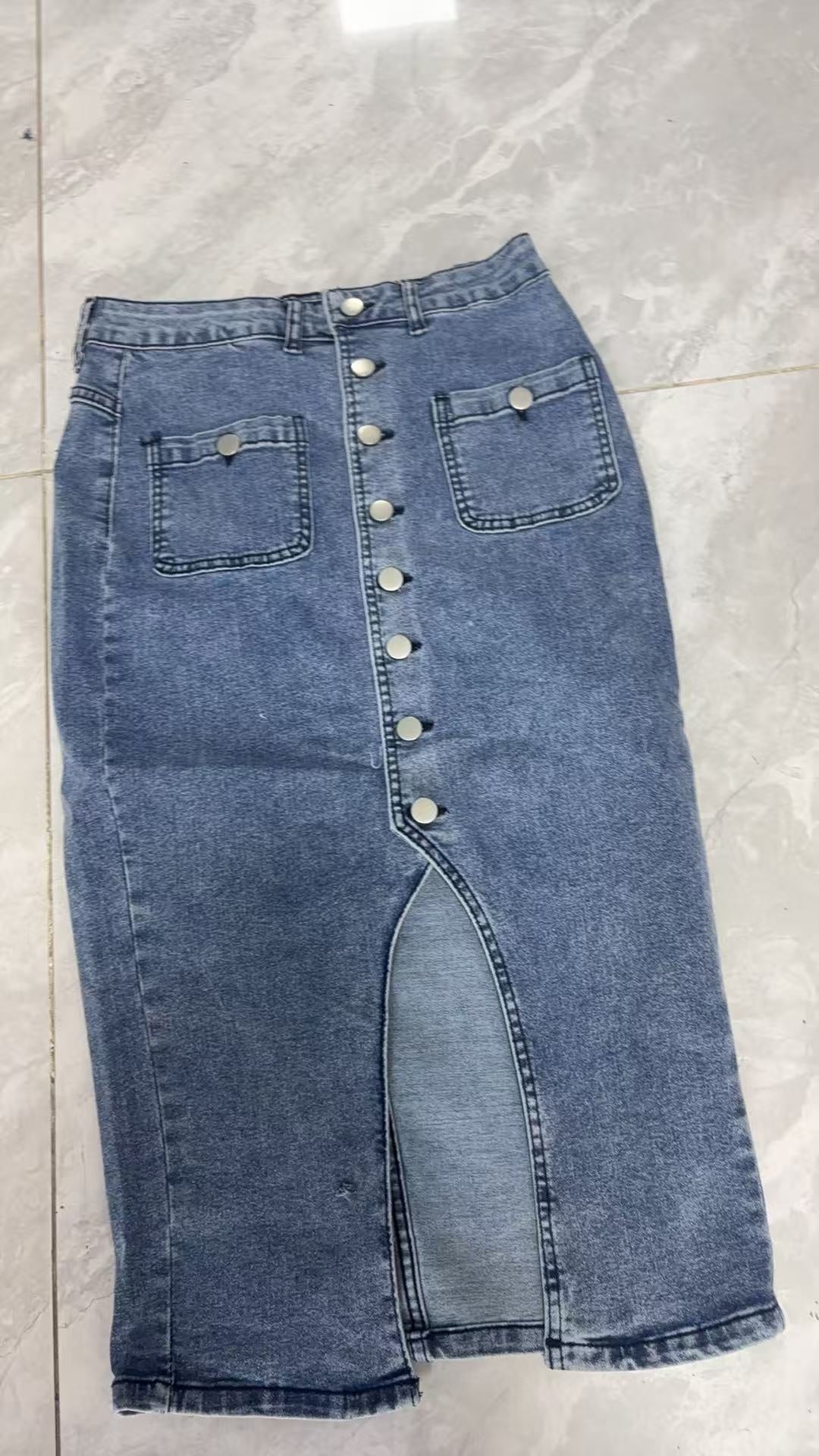 Button Front Denim Midi Skirt - Bodycon Fit Front Slit Patch Pockets