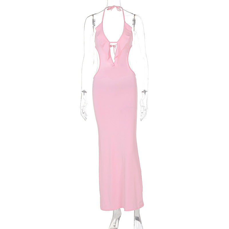 Women's Ruffled V Neck Halter Maxi Dress - Slim Fit Sling - Fashions Envy