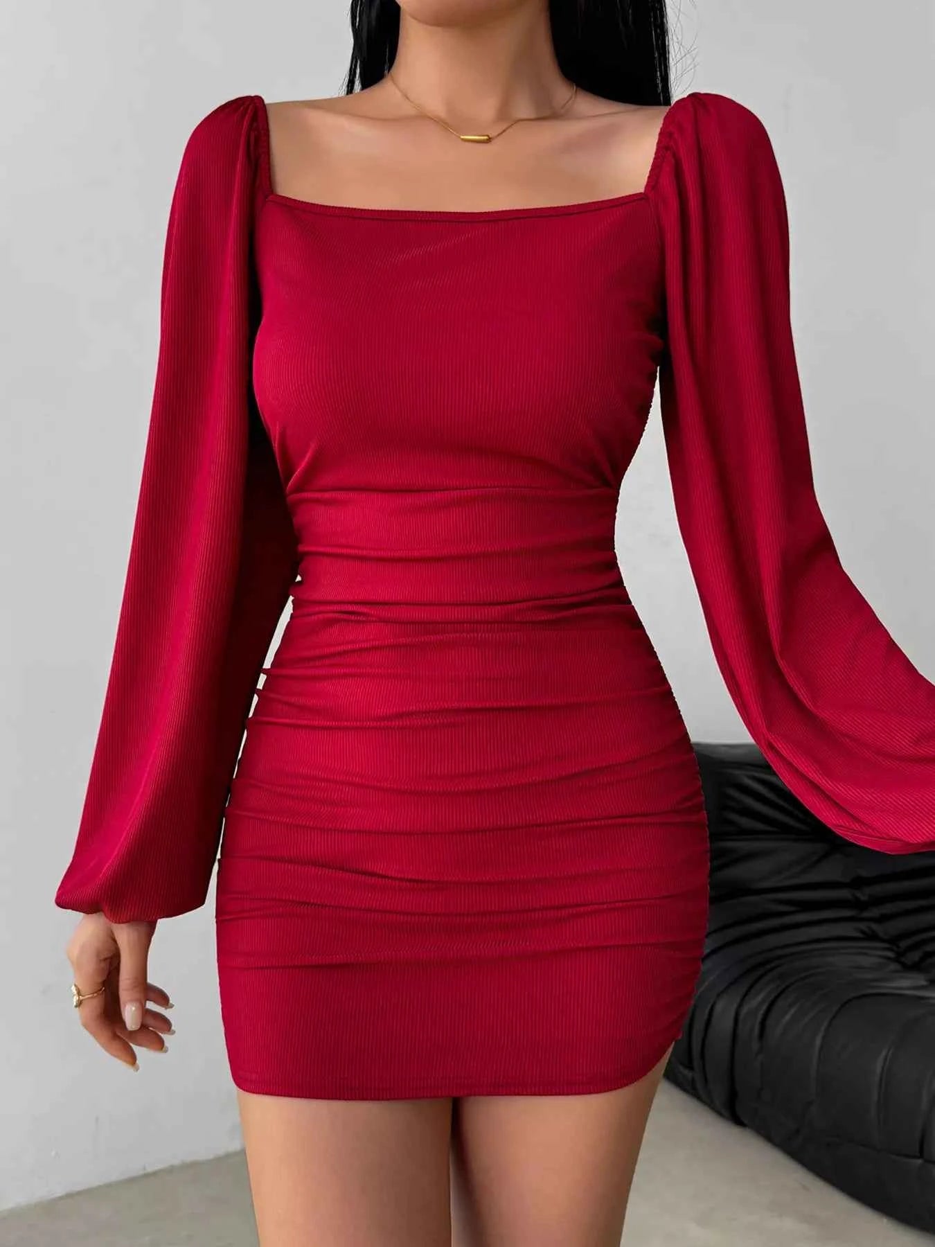 Backless Bodycon Dress - Square Neck Ruched Mini