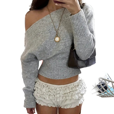 Off-Shoulder Cropped Sweater - Ribbed Knit Boat Neck Top
