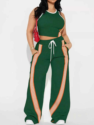 Striped Detail Top and Drawstring Pants Set
