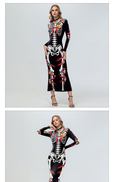 Halloween Skeleton Midi Dress - Floral Print & Long Sleeves
