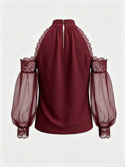 Lace-Trim Cold-Shoulder Blouse - Sheer Balloon Sleeves