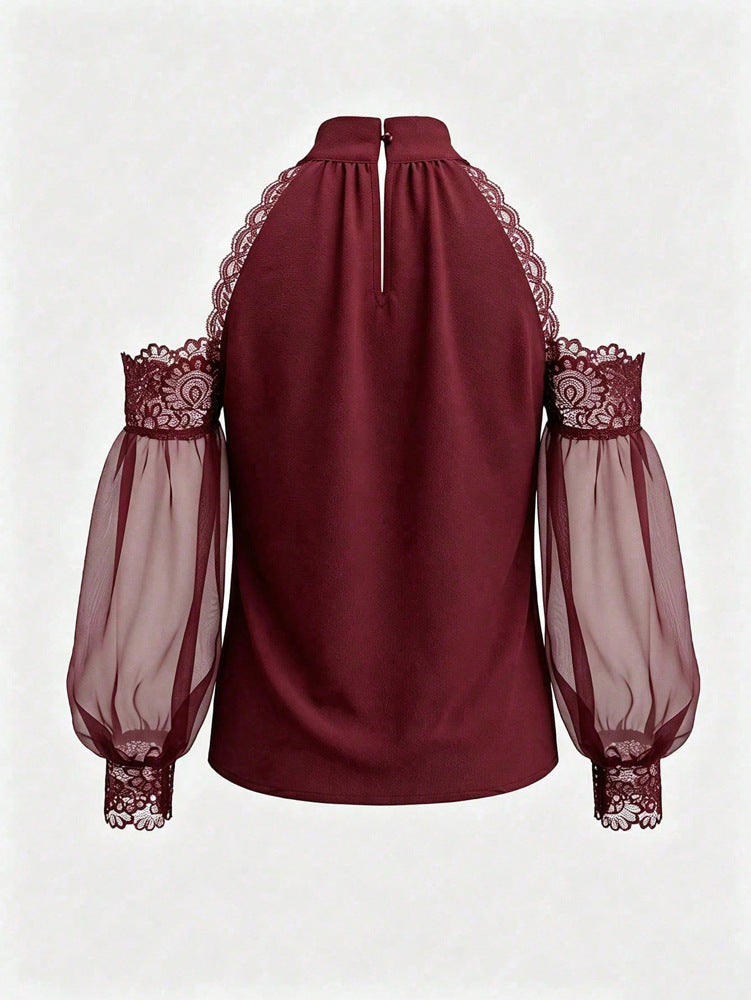 Lace-Trim Cold-Shoulder Blouse - Sheer Balloon Sleeves