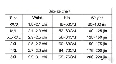 Size chart table with waist, hip, and weight ranges by size