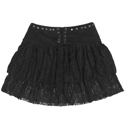Black Lace-Up Two-Piece Skirt Set - Off-Shoulder Top and Ruffles