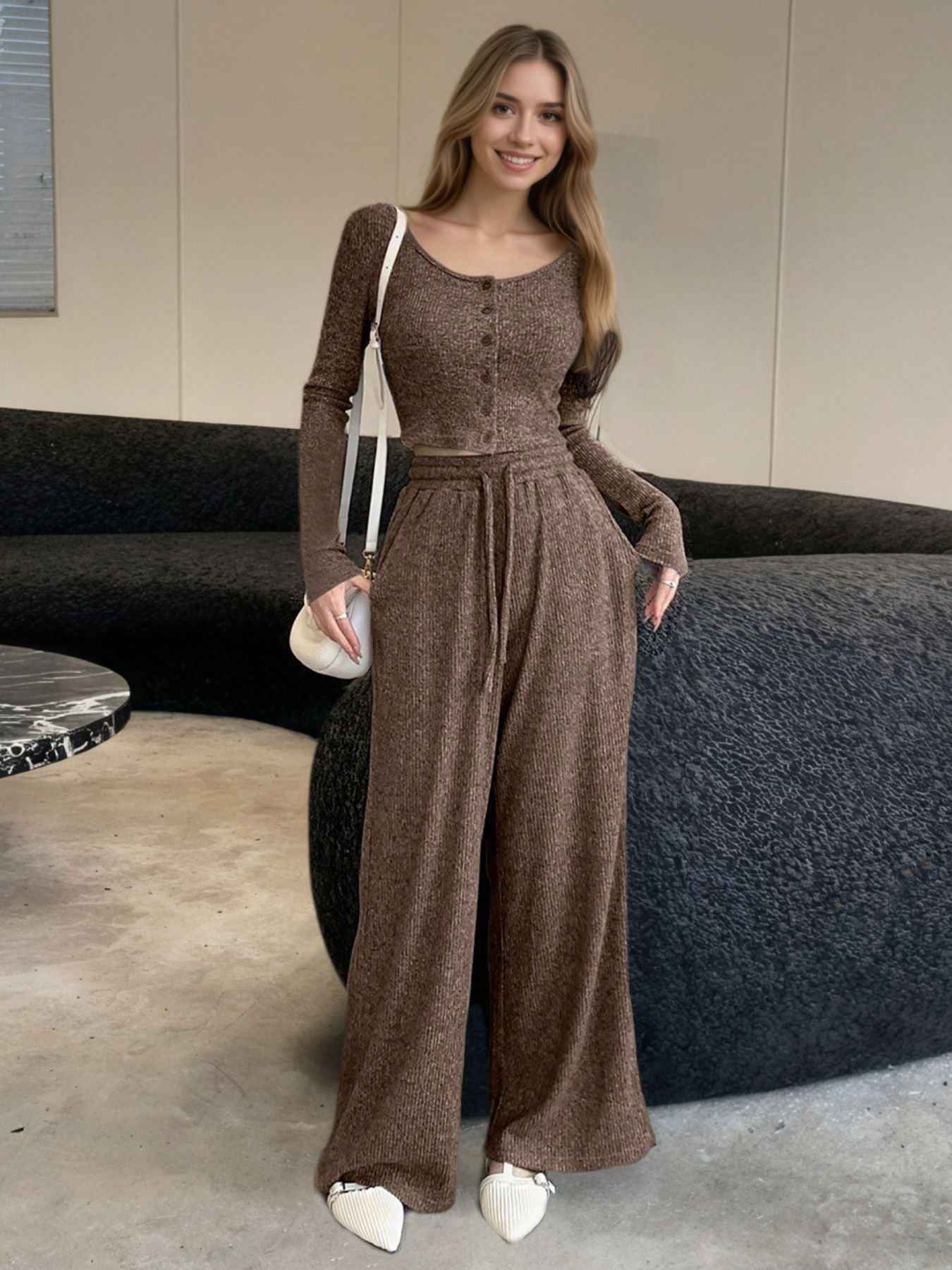 Cute Outfit Set - Long Sleeve Top and Wide Leg Pants Set