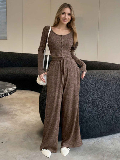 Cute Outfit Set - Long Sleeve Top and Wide Leg Pants Set