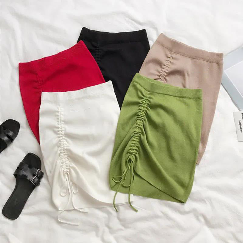 High Waist Knit Skirt - Ribbed Stretch Bodycon Mini