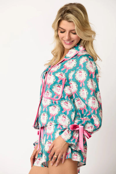 Christmas Pajama Shorts Set - Button Front and Sleeve Bows